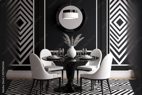 Dining room in black and white monochrome colors. 6 chairs and a round ...