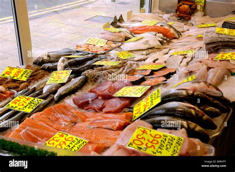 Traditional British Fishmongers Shop Window Display With Fresh Fish