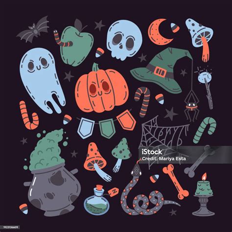 Hand Drawn Halloween Spooky Symbols Fall Holidays Elements Pumpkin Skull Poison Ghost Witch