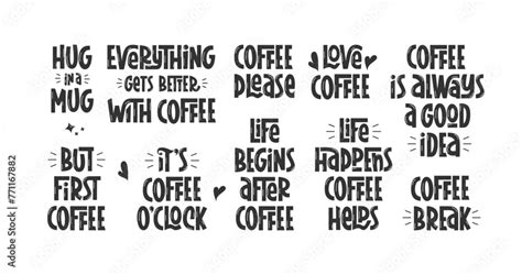 Vecteur Stock Love Coffee Quotes Set Life Begins After Coffee Hug In