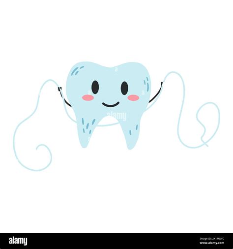 Hand Drawn Kawaii Tooth Character Using Dental Floss In Cartoon Flat