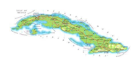 Large elevation map of Cuba with roads, railroads, major cities and ...