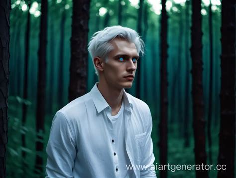 Modern Russian Man with Blue Eyes in White Night Forest | AI Art Generator