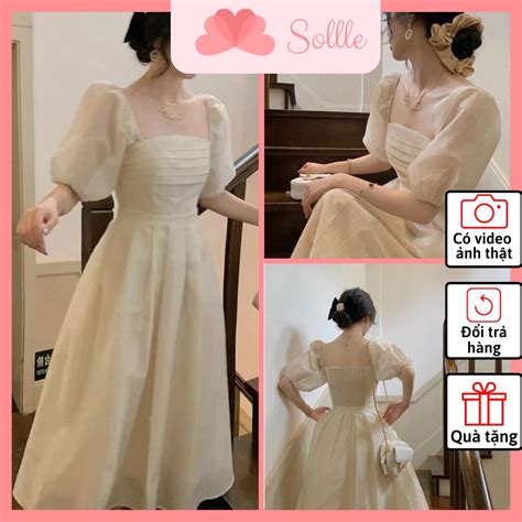 Đầm váy 2 lớp dáng dài xòe voan tơ xếp li ngực tay bồng màu be nude Hàn Quốc tiểu thư Sollle