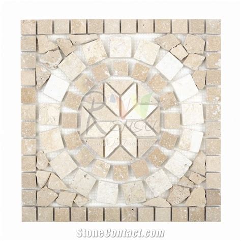 Travertine Mosaic Floor Medallion, Classic Beige Travertine Floor ...