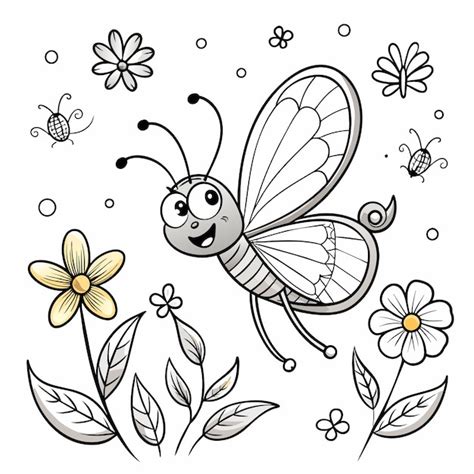 Una abeja con una flor y mariposas en ella | Vector Premium