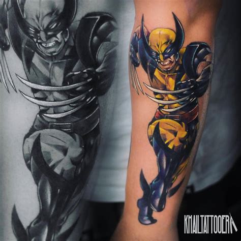 Wolverine tattoo on the left forearm.