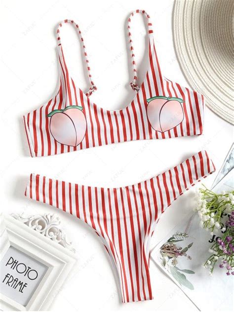 OFF Striped Peach Print Bikini Swimwear In RED WITH WHITE ZAFUL