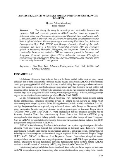 Analisis Kausalitas Antara Fdi Dan Pertumbuhan Ekonomi Di Asean