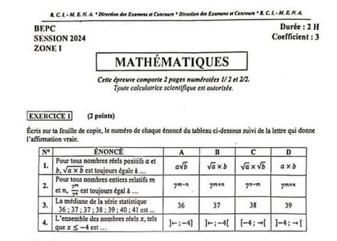 SUJET BEPC 2024 MATHEMATIQUES Zone 1