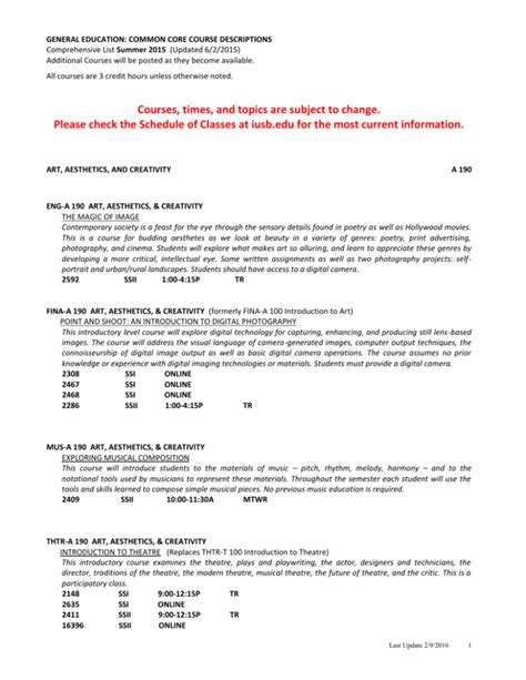 Spring 2016 Common Core Course Offerings