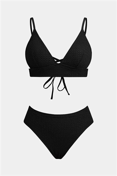 Midnight Textured V Neck Top Low Rise Hipster Bikini Set