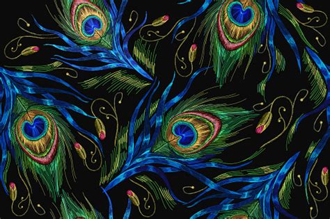 Embroidery Peacock Feathers Seamless Pattern Classical Fashionable