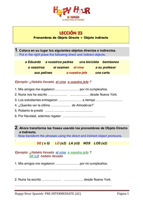 Indirect Object Pronouns Spanish Worksheet Answers