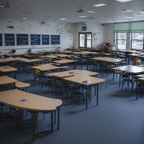 A Classroom with Desks and Chairs Filled with School Supplies Stock ...