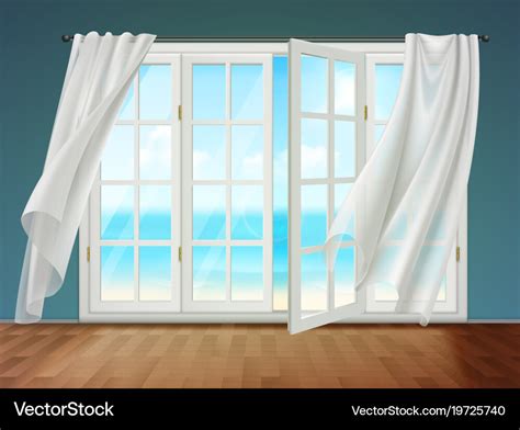 Open window with fluttering curtains Royalty Free Vector