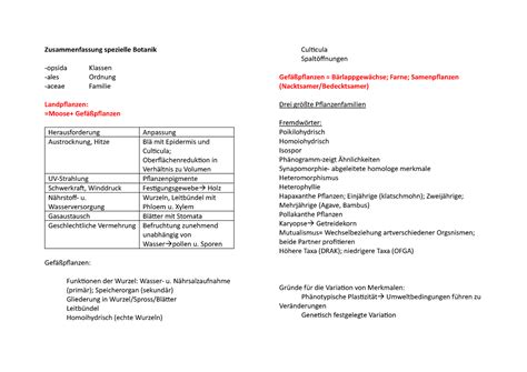 Zusammenfassung Spezielle Botanik Zusammenfassung Spezielle Botanik