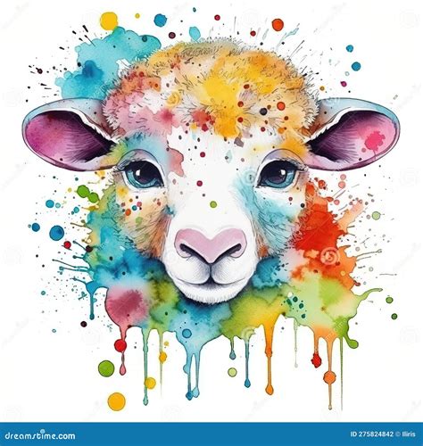 Cute Watercolor Illustration of Farm Animal. Funny Adorable Sheep with Colorful Splashes ...