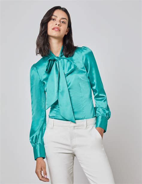 Plain Satin Womens Fitted Blouse With Single Cuff And Pussy Bow In