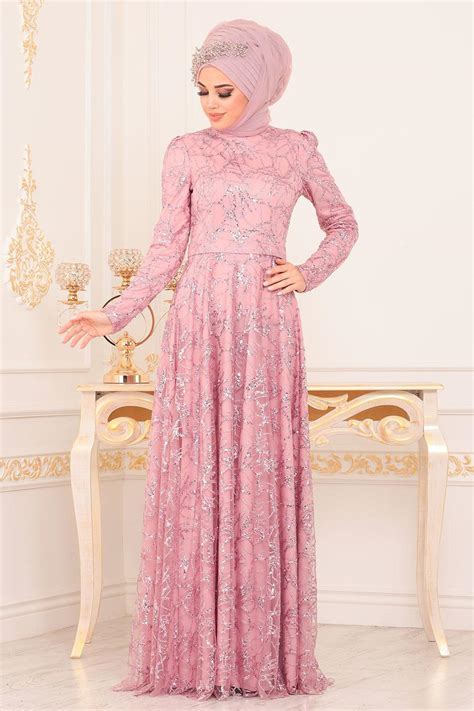 Rose Poudr Tesett Rl Abiye Elbise Robes De Soir E Hijab Pd