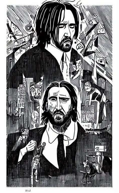 Krea Mcbess Illustration Of Nicolas Cage As John Wick In The Rain