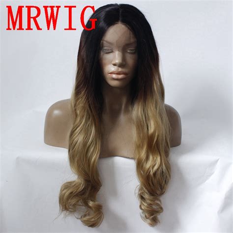 MRWIG Dark Roots 1b 27 Blonde Long Curly Hair Front Lace Wig