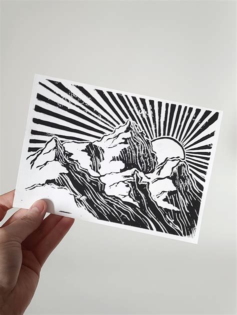 Mountain Sunrise Handmade Black And White Linocut Print Etsy Hong Kong