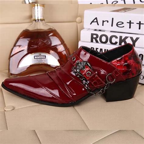 Red Patent Leather Man Dress Shoes Fashion Slip On Oxfords For Men Genuine Leather Punk Buckle