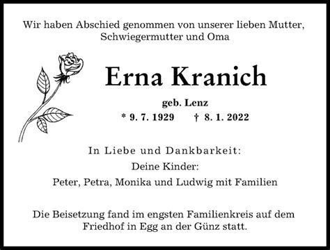 Traueranzeigen Von Erna Kranich Allg Uer Zeitung