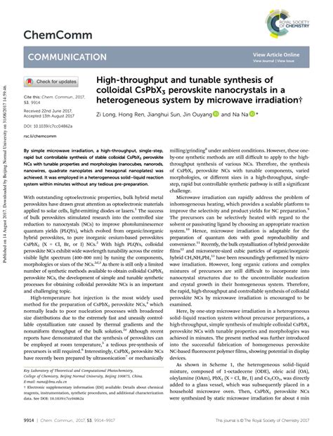 Pdf High Throughput And Tunable Synthesis Of Colloidal Cspbx3