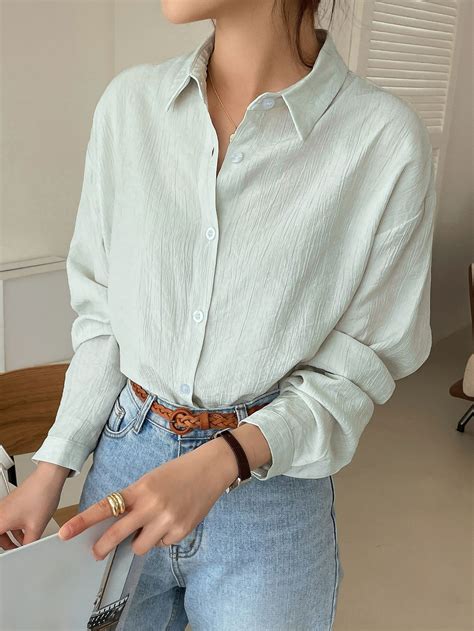 Solid Drop Shoulder Button Up Shirt Blouse Outfit Casual Green Shirt