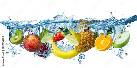 Fresh Multi Fruits Splashing Into Blue Clear Water Splash Healthy Food