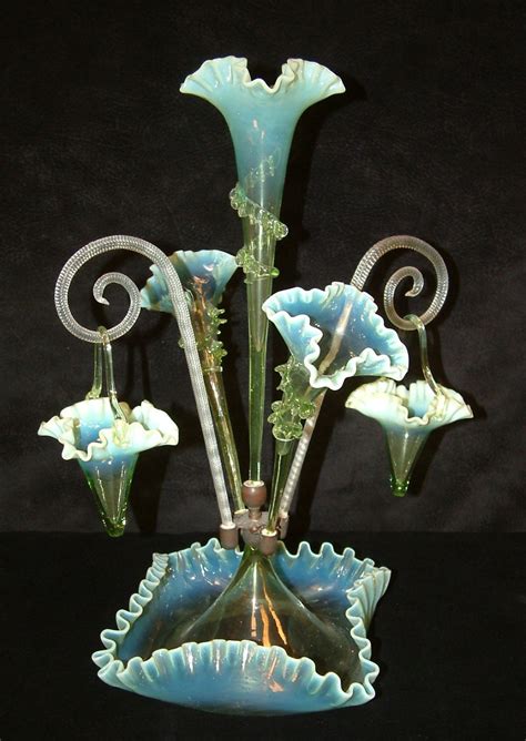 Victorian Vaseline Green Opalescent Epergne With Baskets Salado Creek