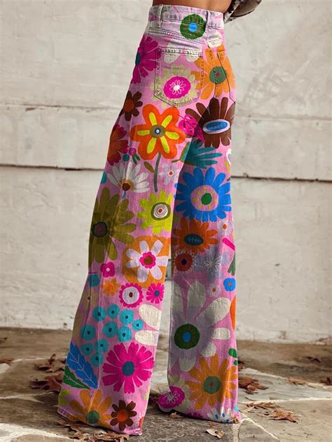 Womens Cartoon Color Flower Print Casual Wide Leg Pants In 2024