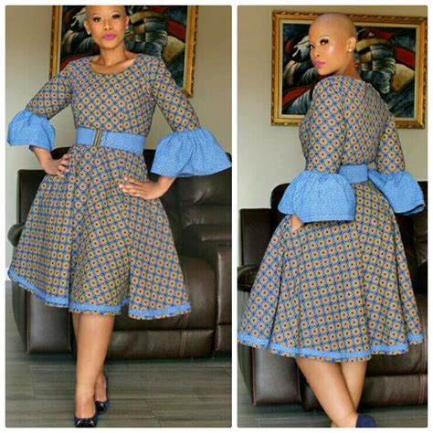 Clipkulture Morojele Hlompho In Classy Shweshwe Skater Dress With Bell Sleeves And Belt