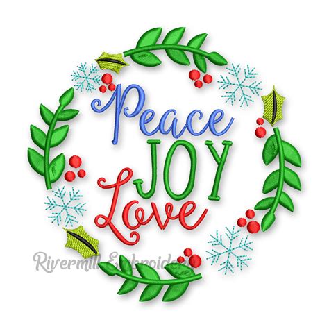 Peace Joy Love In A Wreath Christmas Machine Embroidery Design