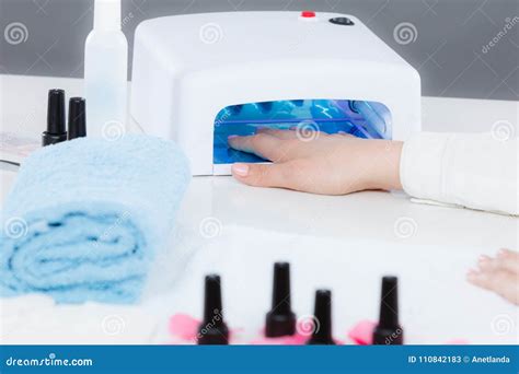 Uv Lamp For Drying Varnish For Two Hands Girl Dries Shellac On Two