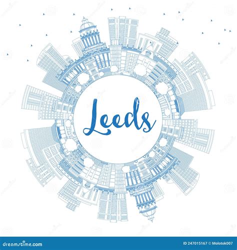 Outline Leeds UK City Skyline With Blue Buildings And Copy Space Stock