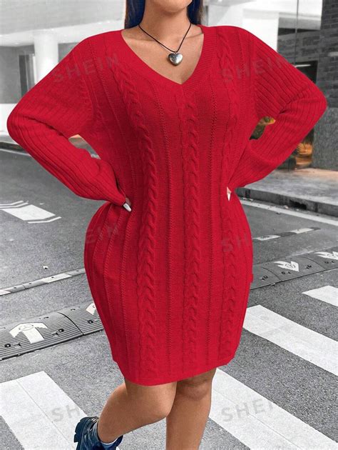 Shein Ezwear Plus Size V Neck Cable Knitted Sweater Dress Shein South