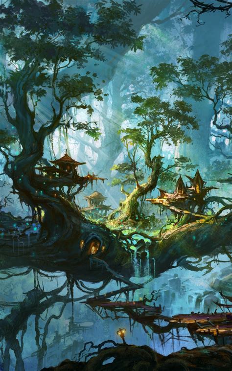 Fantasy Forest Tree Village X Phone Hd Wallpaper