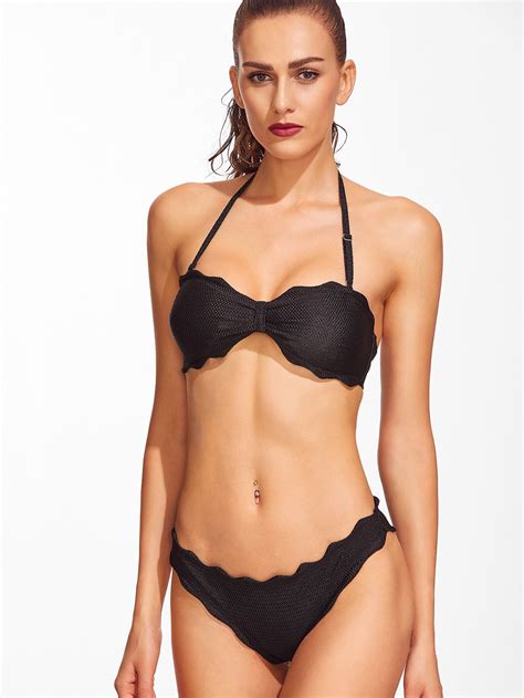 Black Scalloped Trim Halter Bikini Set Ropa De Ba O Conjunto De