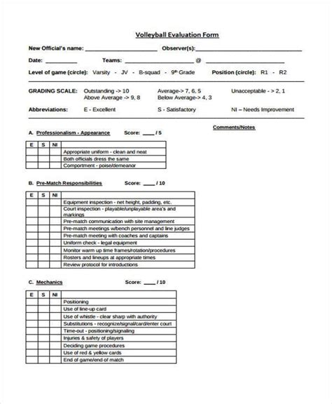 Printable Volleyball Player Evaluation Form