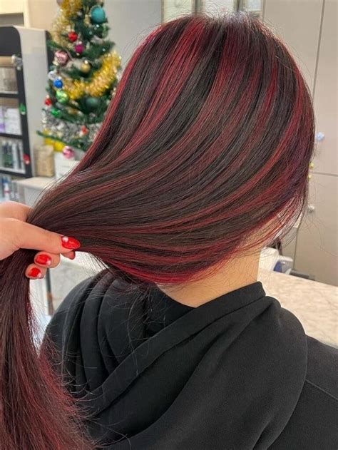 Red Balayage On Black Long Straight Hair Black Hair With Highlights