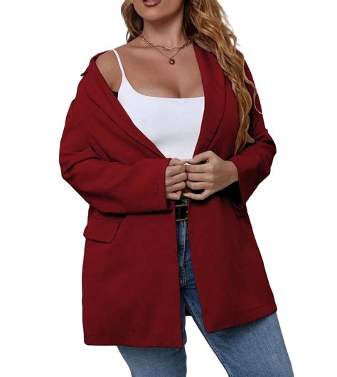 Elegant Lapel Neck Long Sleeve Burgundy Plus Size Blazers Womens