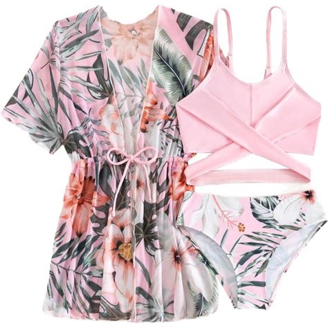 Floerns Girls Piece Bathing Suit Tropcial Kimono Cover Up With Bikini Swimsuit Pink Floerns