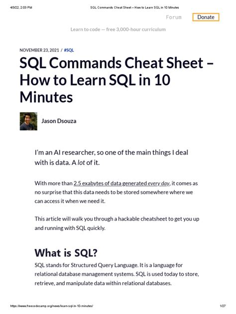 Sql Commands Cheat Sheet How To Learn Sql In 10 Minutes Pdf Database Index Relational Model