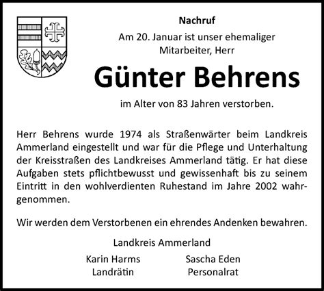 Traueranzeigen von Günter Behrens nordwest trauer de