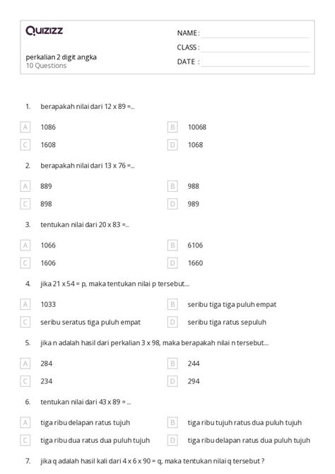 Lembar Kerja Perkalian Multi Digit Dan Algoritma Standar Untuk