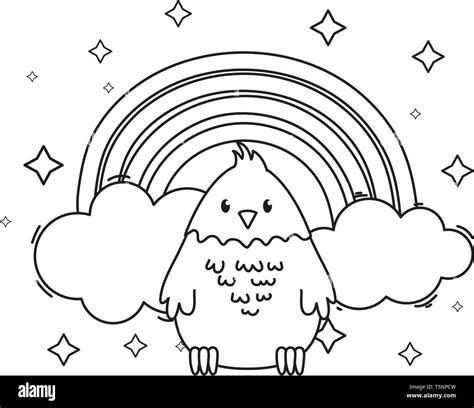 Cute Pet Little Animal Bird Over Clouds With Rainbow Cartoon Vector