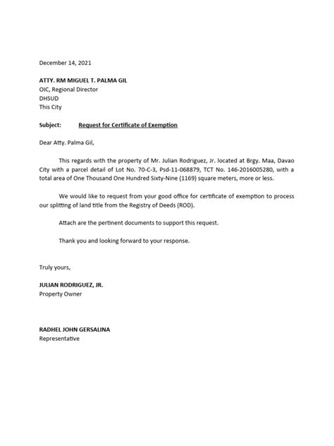 Request For Certificate of Exemption From DHSUD | PDF